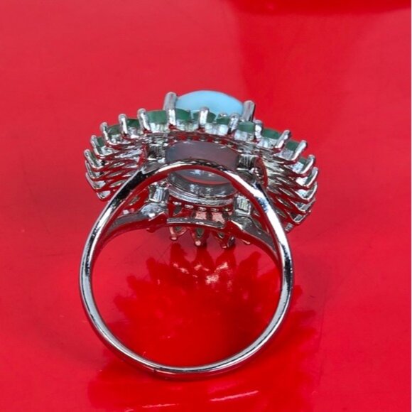 925 Stetling Silver Ring SZ 7.5 with Natural Larimar 1.5x1.2cm & Emerald Gems - Picture 4 of 12